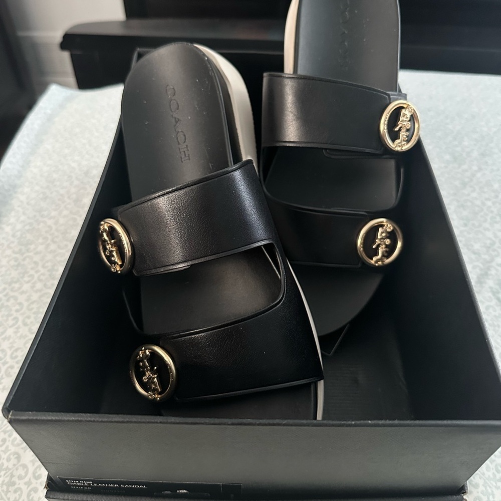 Coach Black Sandals with Gold Emblems